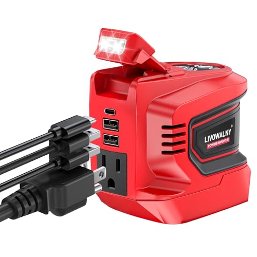 LIVOWALNY 200-250W Power Inverter Compatible with Milwaukee 18V Battery - DC 18V to AC 110-120V Portable Power Station with 1 AC Outlet - 2 USB 1 Type-C & LED Light for Camping Power Outage -Tool Only