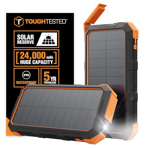 ToughTested 24000mAh Solar Power Bank Portable Charger, Fast Charging External Battery Pack with LED Flashlight, IP66 Waterproof, Dustproof, Shockproof USB-C Power Bank for Camping, Travel & Emergency