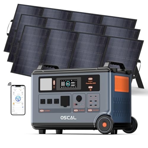 OSCAL PowerMax 6000 Solar Generator with 3×400W Solar Panel, 120V/240V Split Phase Voltage 6000W AC Outlets (9000W Peak), 2200W AC Charging/2400W Solar Charging, Emergency for Home, Battery Backup
