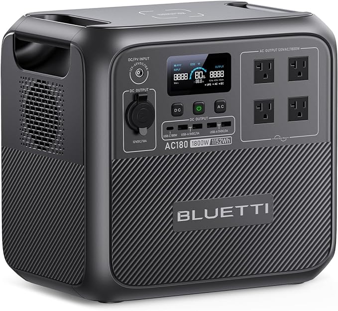 BLUETTI Portable Power Station AC180, 1152Wh LiFePO4 Battery Backup w/ 2 1800W (2700W peak) AC Outlets, 0-80% in 45Min, Solar Generator for Camping, Off-grid, Power Outage - Our recommended configuration for best results