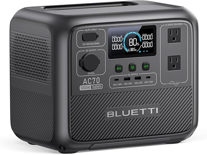 BLUETTI AC70 Portable Power Station, 768Wh Solar Generator w/ 2 1000W AC Outlets (Power Lifting 2000W), 100W Type-C, LiFePO4 Battery Backup for Road Trip, Off-Grid, Power Outage (S
