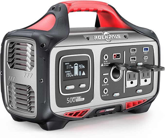 ROCKPALS Portable Power Station 500W - 505Wh Solar Generator with 2 AC Outlet (Peak 750W), Solar Powered Generator - 12V Regulated Outdoor Generator for Camping Road Trip, Outdoor 
